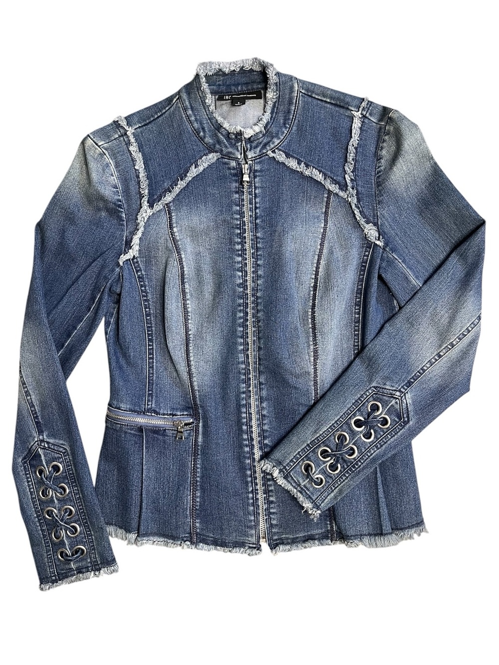 I.N.C. Vintage Wash Lace-Up Grommet Zip-Up Frayed Denim Jacket Sz S